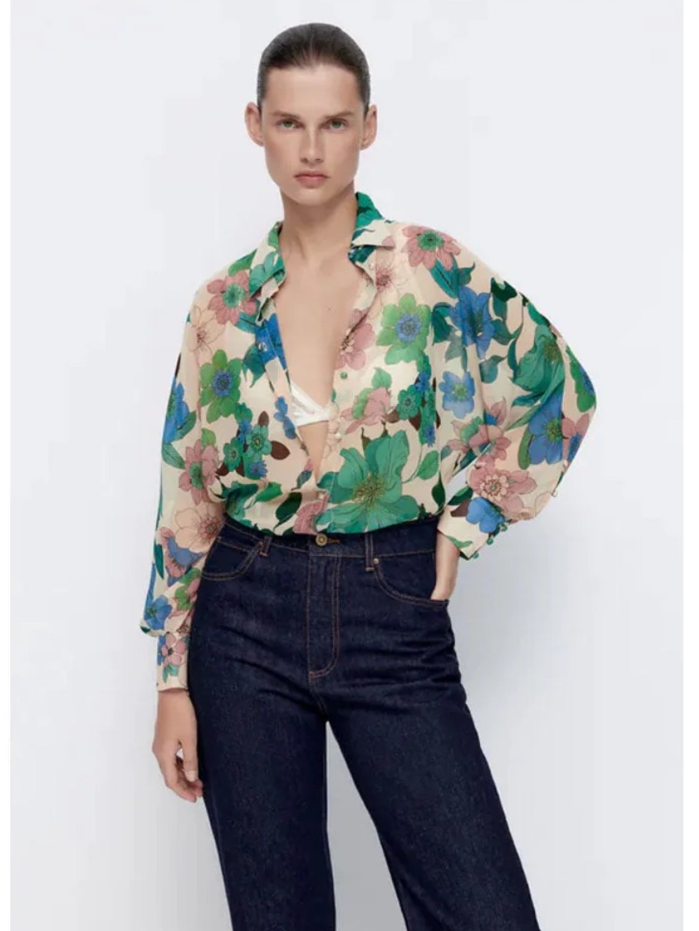 Semi Sheer Floral Zara Style Button Up Blouse